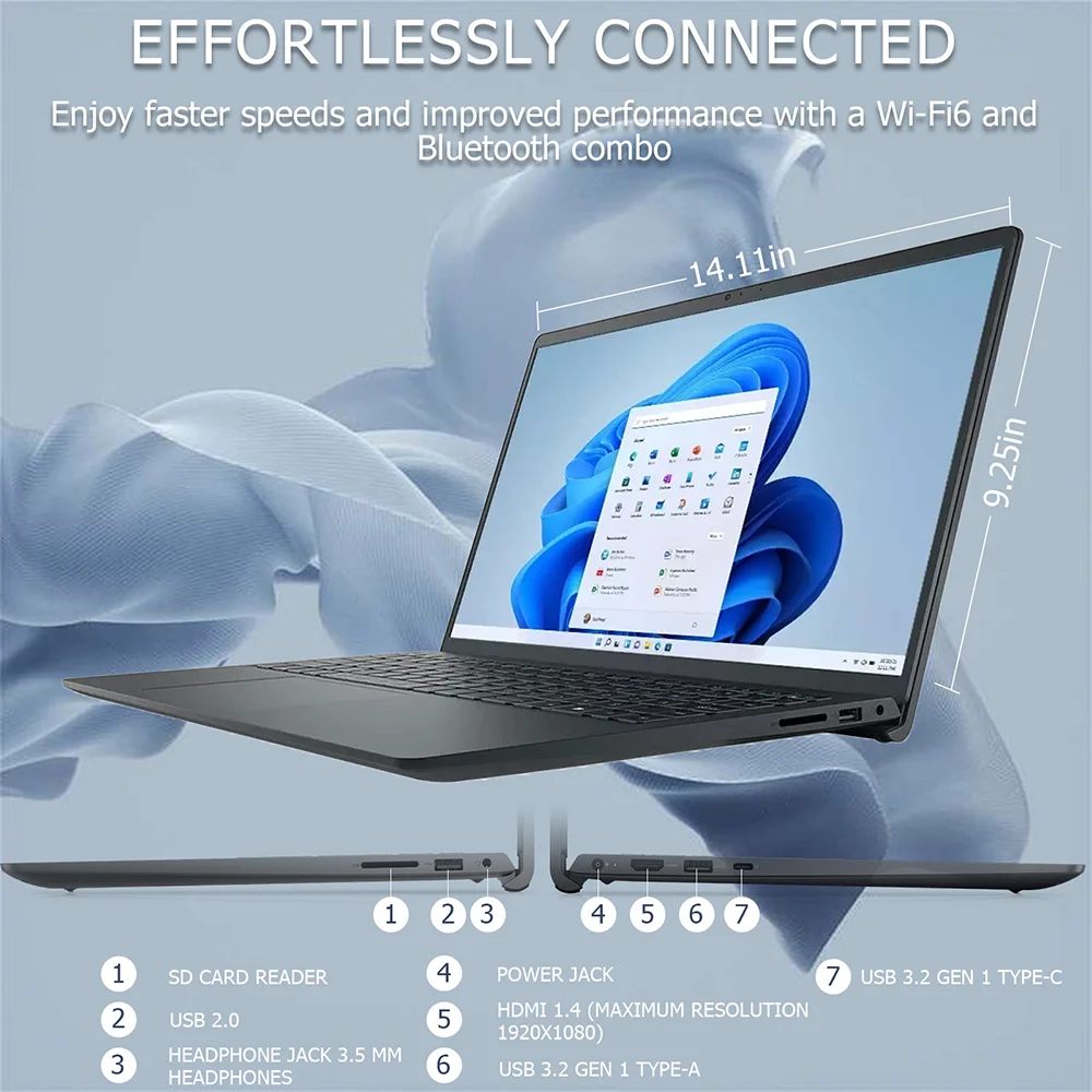 Ноутбук Dell Inspiron 3530 с сенсорным экраном FHD 15,6 дюйма, Intel Core i7-1355U, до 64 Гб ОЗУ, 4 ТБ SSD, цифровая клавиатура, WiFi 6,Win 11, черный