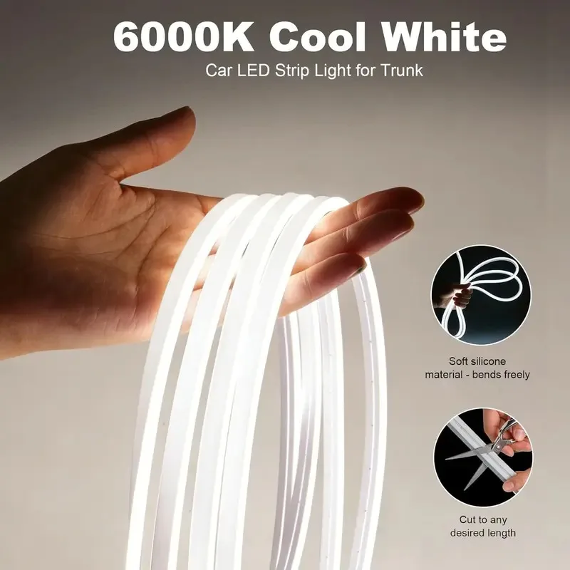 12V 6000K White Car Trunk LED Strip, 4m Flexible Cuttable Tape, Waterproof Durable, Toolless Installation, Universal Cargo Lighting for SUV Van