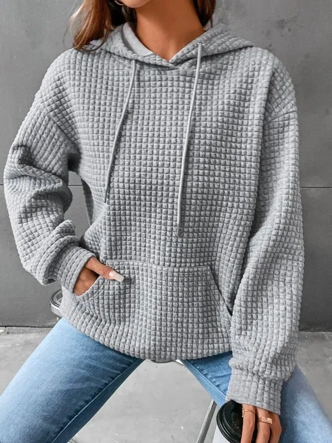 Women's Winter Thick Waffle Knit Solid Color Round Neck Pocket Sweatshirt Hip Length Crinkled Hoodie Women's Hoodies And