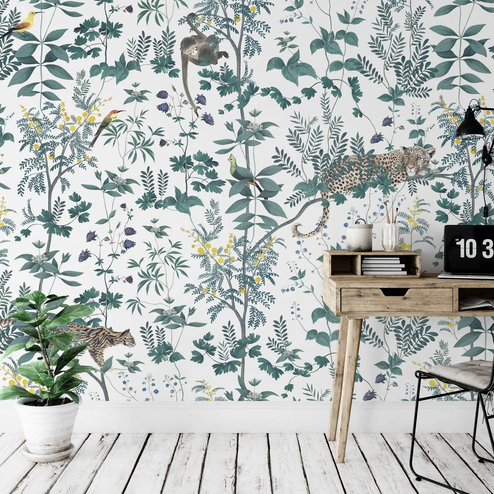 

Wild Story jungle animals wallpaper in green and white, Jungle Wallpaper with hand-drawn felines, monkeys and tropical birds