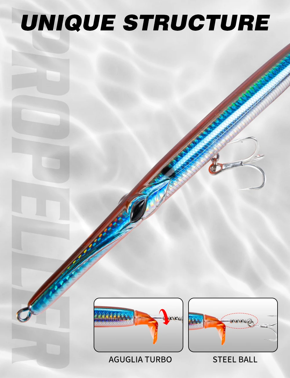 Hunthouse Propeller Needle Lure 225mm/40g Schwimmender Pencil-Köder Oberflächenköder Aguglia Turbo für Blaufisch und Seebarsch – Detail 10