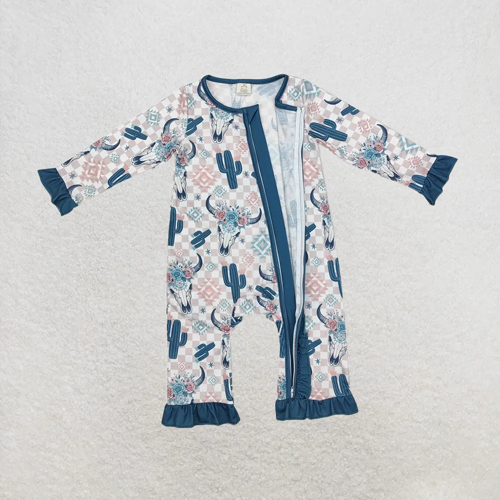 LR1446 Romper Musim Dingin Bayi Perempuan Romper Ritsleting Bambu Barat Aztec Kaktus Sapi Anak Perempuan Bayi