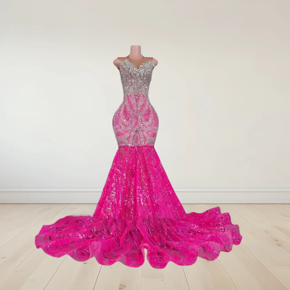 Abito da ballo di lusso con strass di cristallo rosa caldo 2025 Abito con piume a sirena per ragazze nere Festa serale di compleanno personalizzata