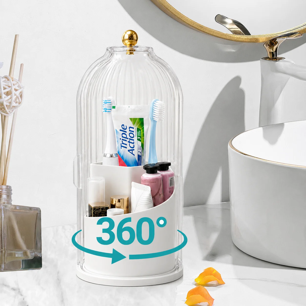 180°Sliding Cover Toothbrush Holder with 360°Rotating Base,Clear Dustproof Bathroom Countertop Organizer,3-Compartment Storage Caddy with Gold Knob,Multi-purpose Holder for Toothpaste,Makeup Brushes,Skincare Items,Daily Sundries,Great for Vanity,Bathroom
