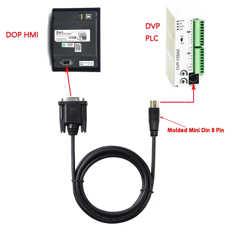 RS232 DB9 Male to Mini Din 8P Serial Cable for Connecting Delta DVP Series PLC to DOP Series HMI