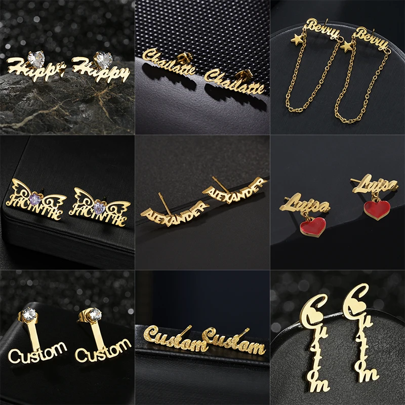 

Treebud Personalized Names Stud Earrings for Women Stainless Steel Custom Zircon Heart Star Letters Earring Party Jewelry Gift