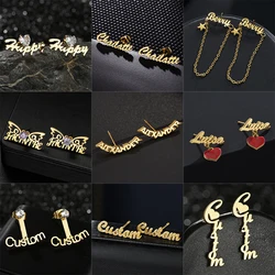 Treebud Personalized Names Stud Earrings for Women Stainless Steel Custom Zircon Heart Star Letters Earring Party Jewelry Gift