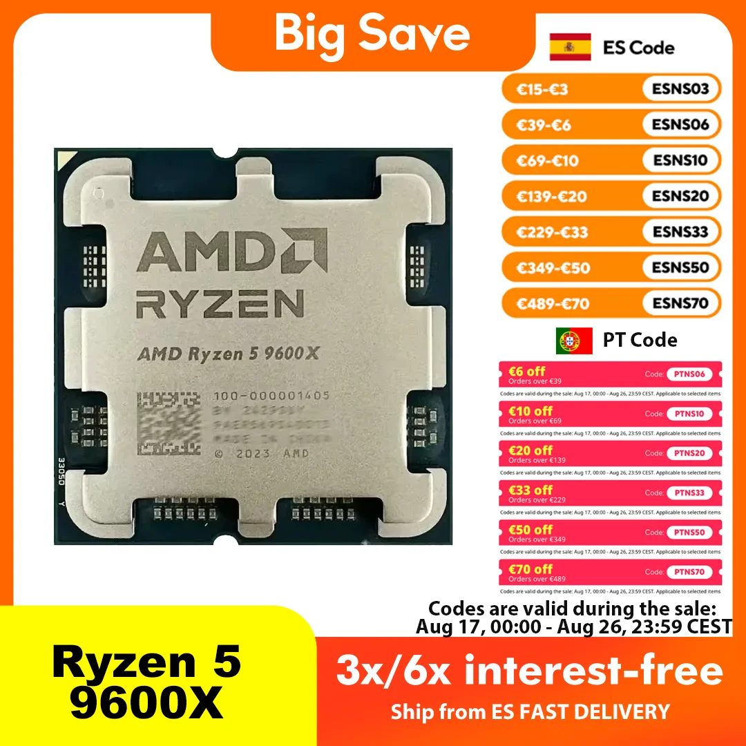 Procesador para juegos AMD Ryzen 5 9600X con arquitectura Zen 5, 6 núcleos, 12 hilos, AM5 para computadora de escritorio, TSMC 4nm FinFET, frecuencia de 5.4 GHz