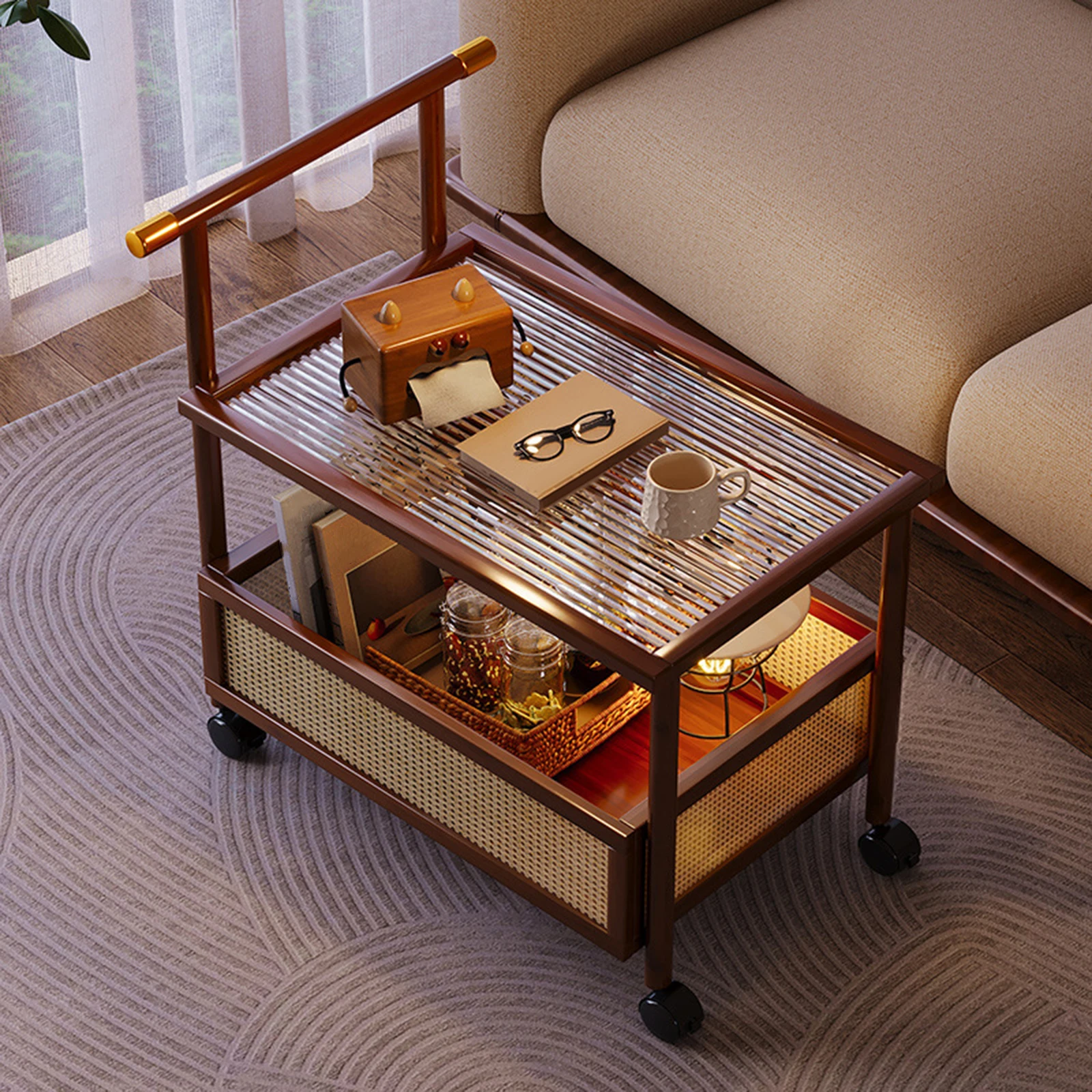 

Movable Sofa Side Table Sturdy High-end Bedside Table 2 Tier Rolling Cart with Wheels for Office Bar Kitchen