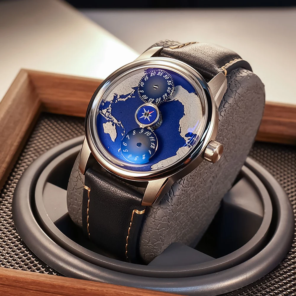 OBLVLO Top Luxury Earth DIal Transparent Automatic Movement Mens Watch Blue NIghtlight Leather Mechanical Watches Rejos JM-EARTH