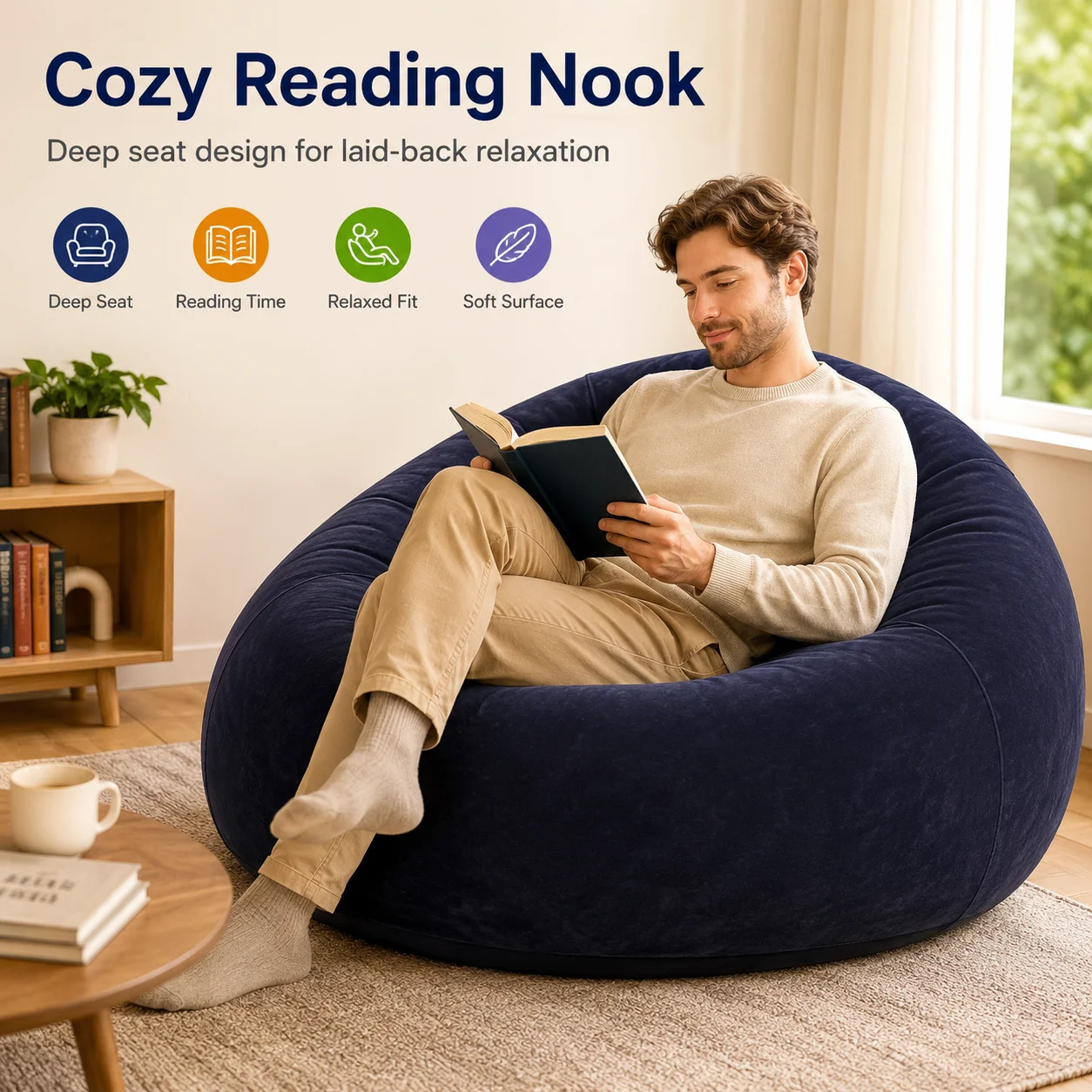 1PC Inflatable Bean Bag Chair, Lazy Sofa Air Lounge Seat with Foot Pump, Portable Flocked Floor Couch for Living Room Bedroom