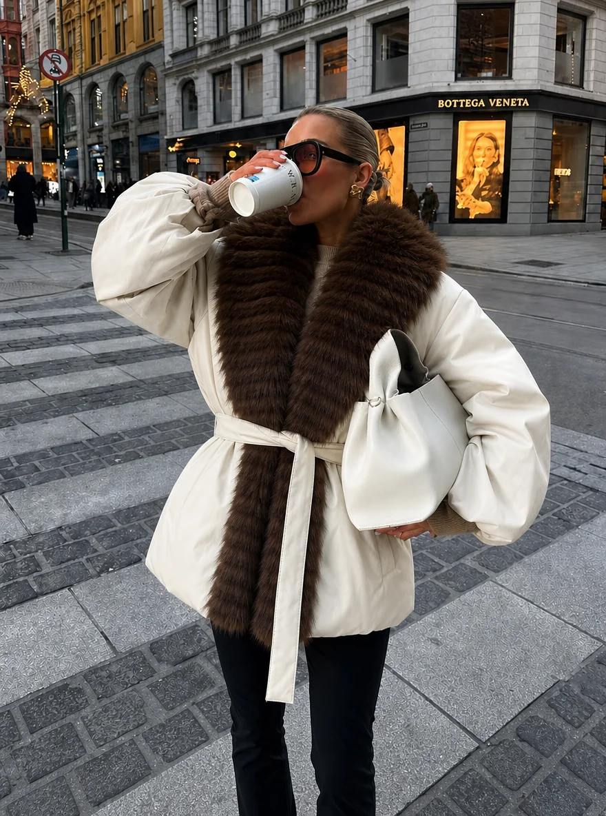 DFDG Women Oversized Puffer Jacket Wide Faux Fur Shawl Collar Balloon Sleeve Loose Warm Winter Outerwear Urban Street Daily Look