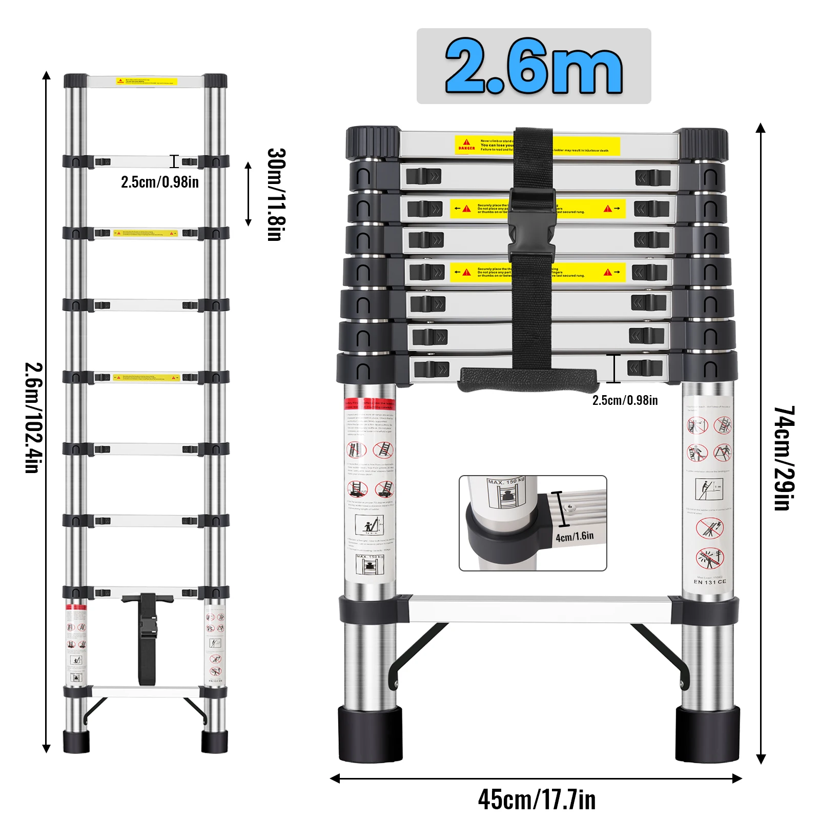 Roestvrijstalen telescopische uitschuifladder, draagvermogen 150 kg, hoogteverstelbaar in stappen van 30 cm, 4 maten 2,6-4,4 m, antislip & stabiel voor huishoudelijk onderhoud en raamreiniging in