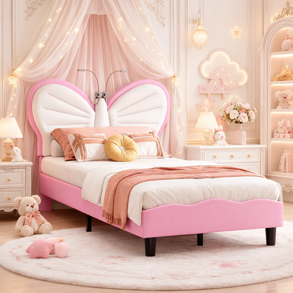 Kinderbed 90x200 met leeslamp, gestoffeerd fluwelen eenpersoonsbed met verstelbaar hoofdeinde, prinsessenbed voor meisjes, jeugdbedframe met lattenbodem voor slaapkamer kinderkamermeubilair