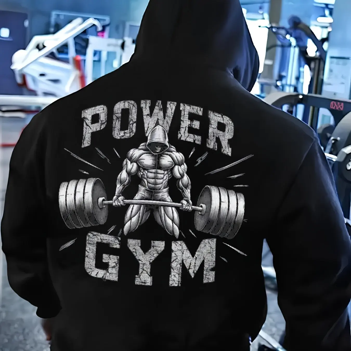 Men's fitness hoodie with muscle display pattern and strength gym letters and pockets, suitable for fitness training