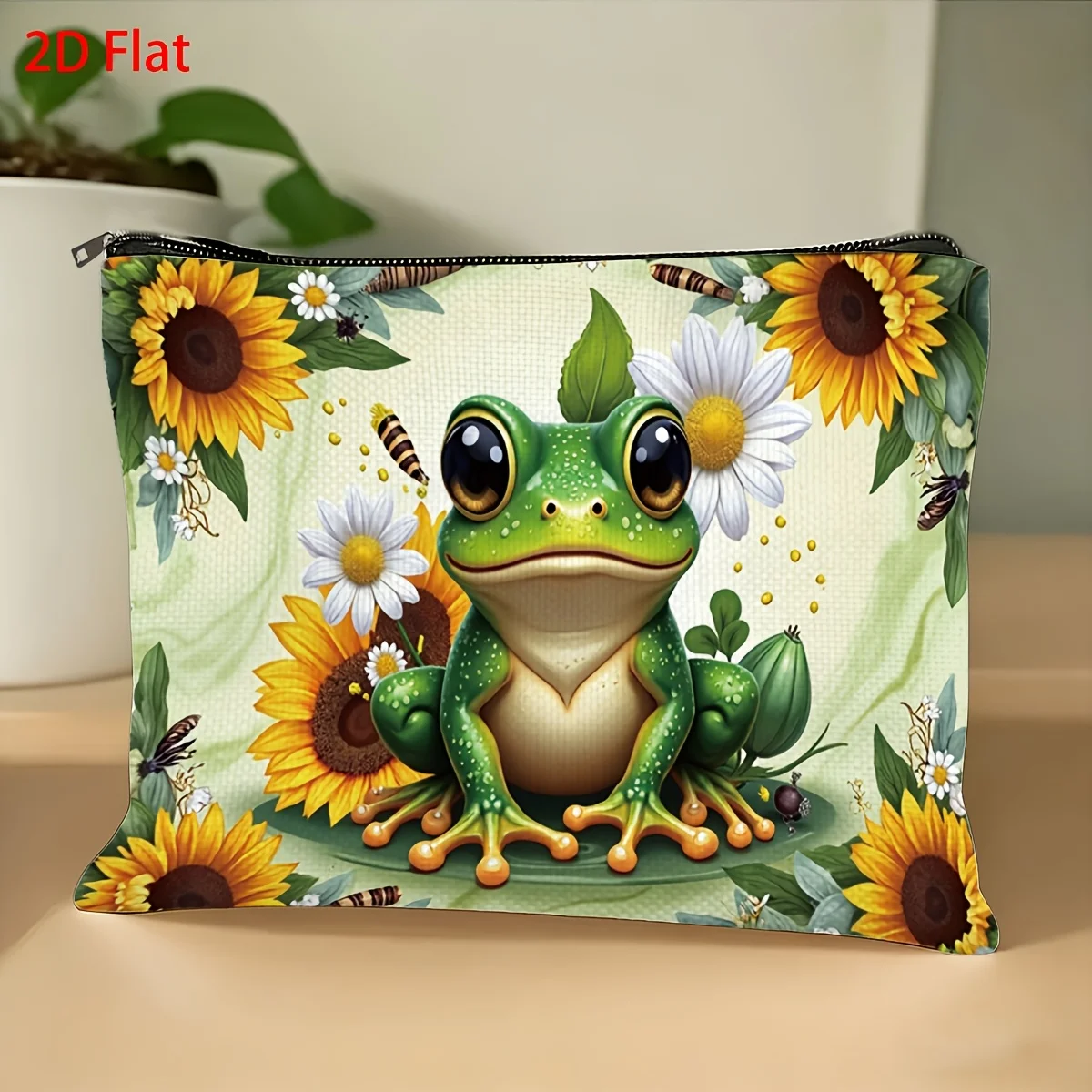 1Pc Cute Green Frog with Floral Vintage Design Multifunctional Travel Makeup Bag, Snack Storage Bag, Stationery Storage Bag, Fashionable Toiletry Bag, Canvas Double-Sided Printed Zipper Pouch