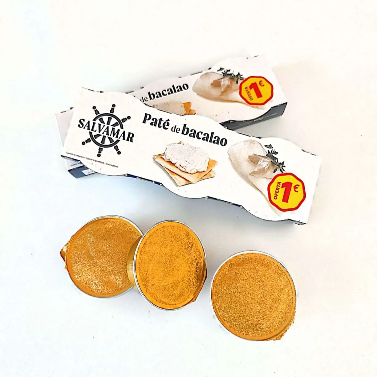 Paté de Bacalao Salvamar - Delicioso paté en monodosis con auténtico sabor a Bacalao - Cada estuche contiene 3 monodosis de 23gr cada una - La caja