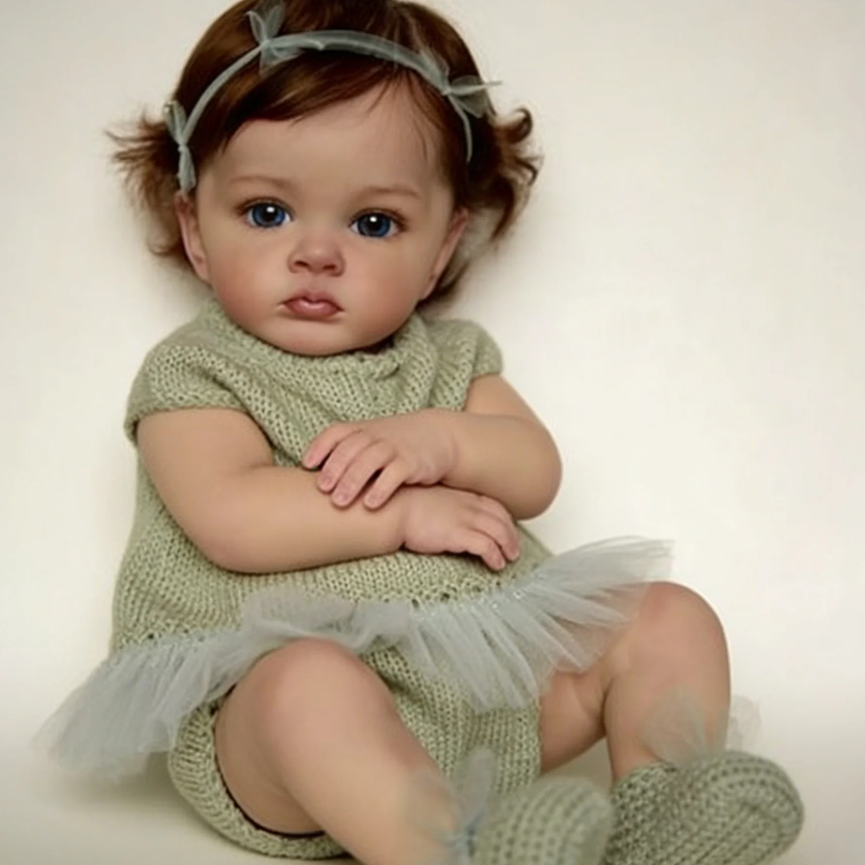 

22 Inch Lifelike Reborn Baby Doll Girl, Realistic Blue Eyes Toddler Doll with Sage Green Knit Tulle Outfit & Headband, Soft Silicone Vinyl Body, Perfect Gift for Kids/Collectors