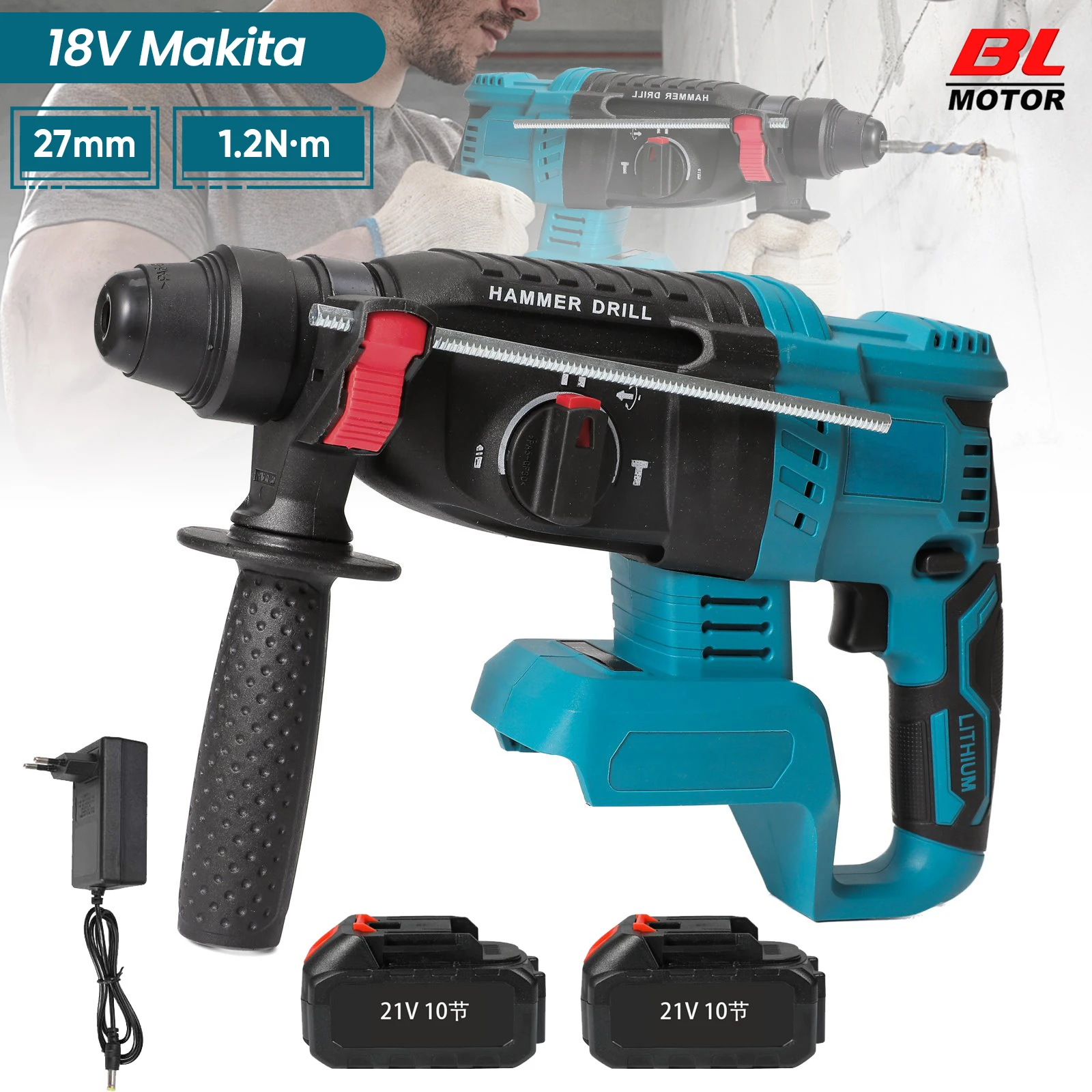 Potente motor sin escobillas de 1,2 Nm, taladro inalámbrico de 4 funciones, martillo de impacto inalámbrico de 27 mm, compatible con baterías Makita de 18 V