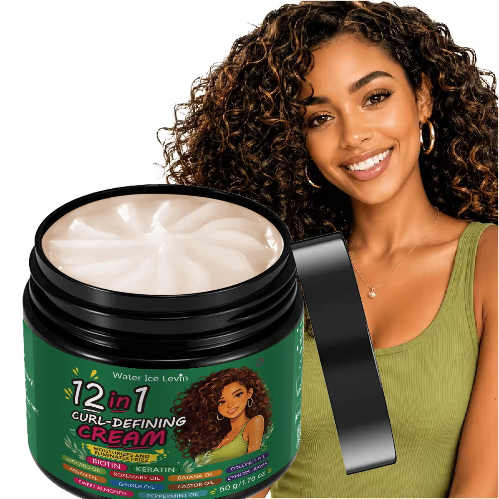 Water Ice Levin 12 in 1 Curl Defining Cream, Leave-in Hair Mask, Moisturize Smooth Hair, Reduce Frizz, 50g