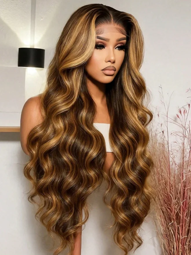 22 Inches Highlight Colored Ombre Blonde 4/27 Body Wave Wig Human Hair 13x4 HD Transparent Lace Frontal Wig for Women 200 Density