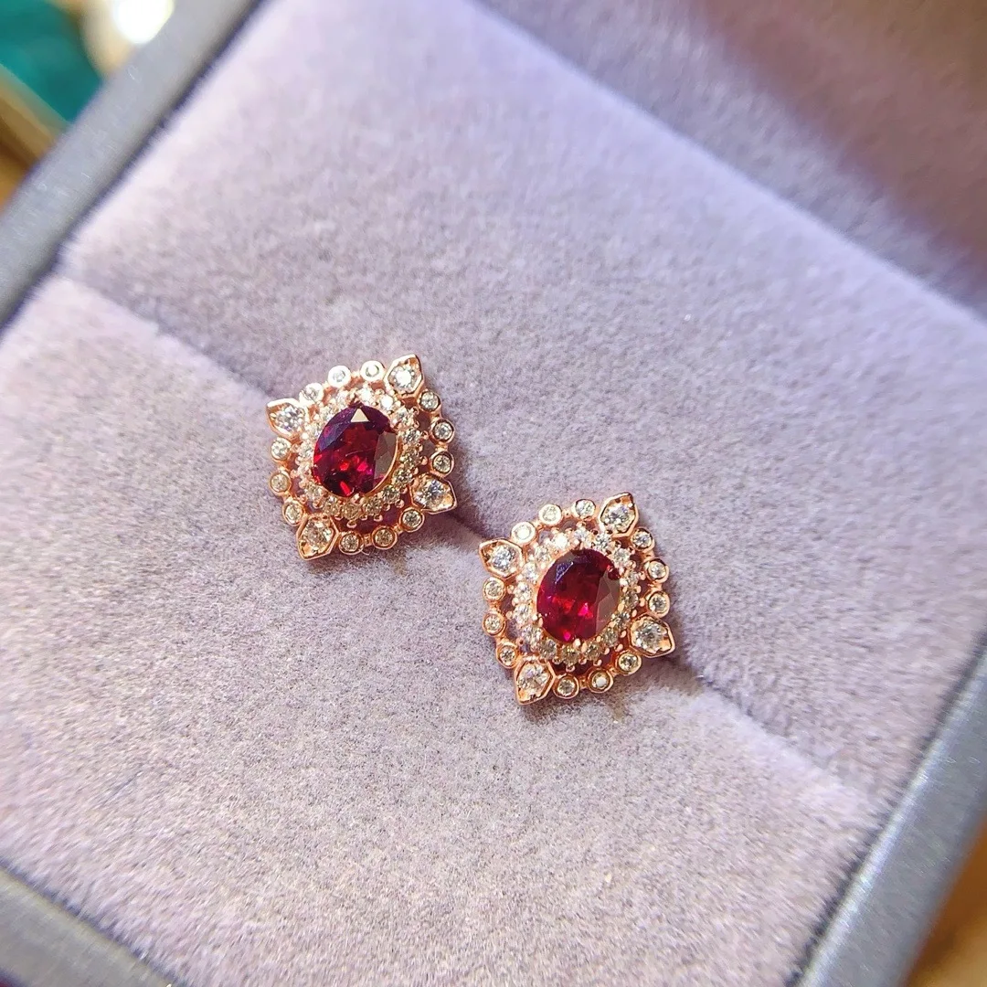 925 Sterling Silver Inset Natural Magnesium Aluminum Garnet 4x5mm Girls Electroplated Rose Gold Hollow Earrings to Girlfriend