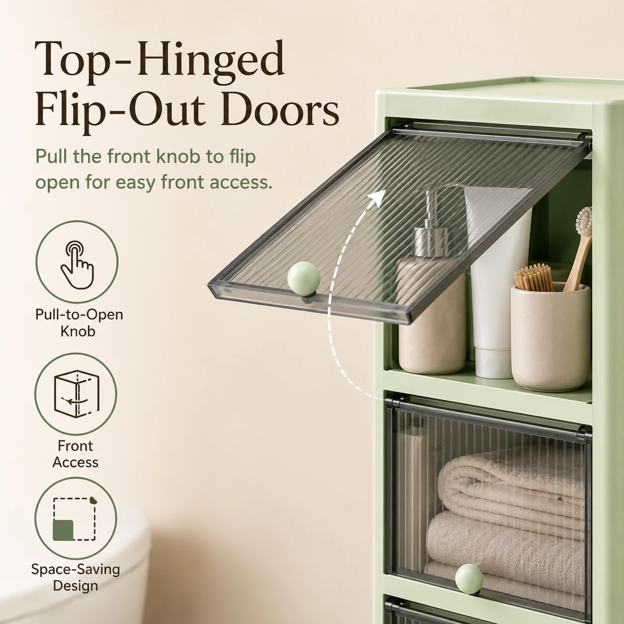 2/3/4/5-tier narrow bathroom rolling storage cabinet with flip-top striped transparent doors and lockable 360° swivel wheels, light green modular stackable slim vertical organizer tower, perfect for bathroom, beside the toilet, or small spaces next to the