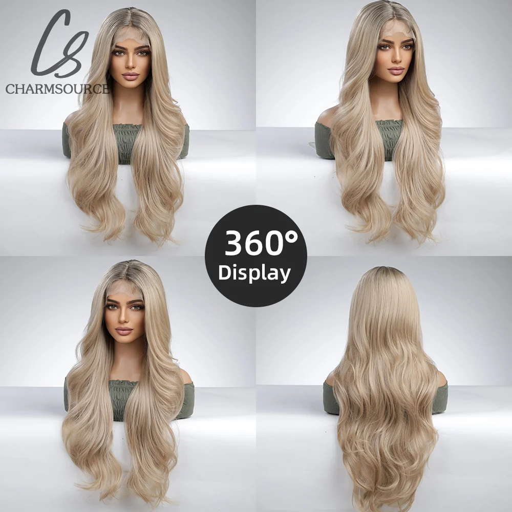 CharmSource Brown Blonde Long Wave Wigs Synthetic Lace Front Wig for Women Hair Party Daily High Quality High Density