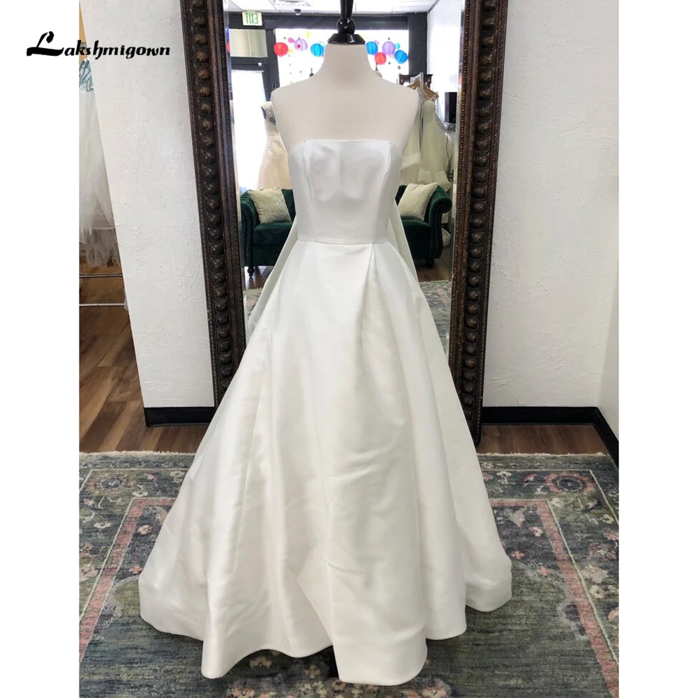 

Simple Sexy Split Strapless Sleeveless Open Back Pleat Satin A-Line Wedding Dress For Women Boho Bride Gown Sweep Robe De Mariée