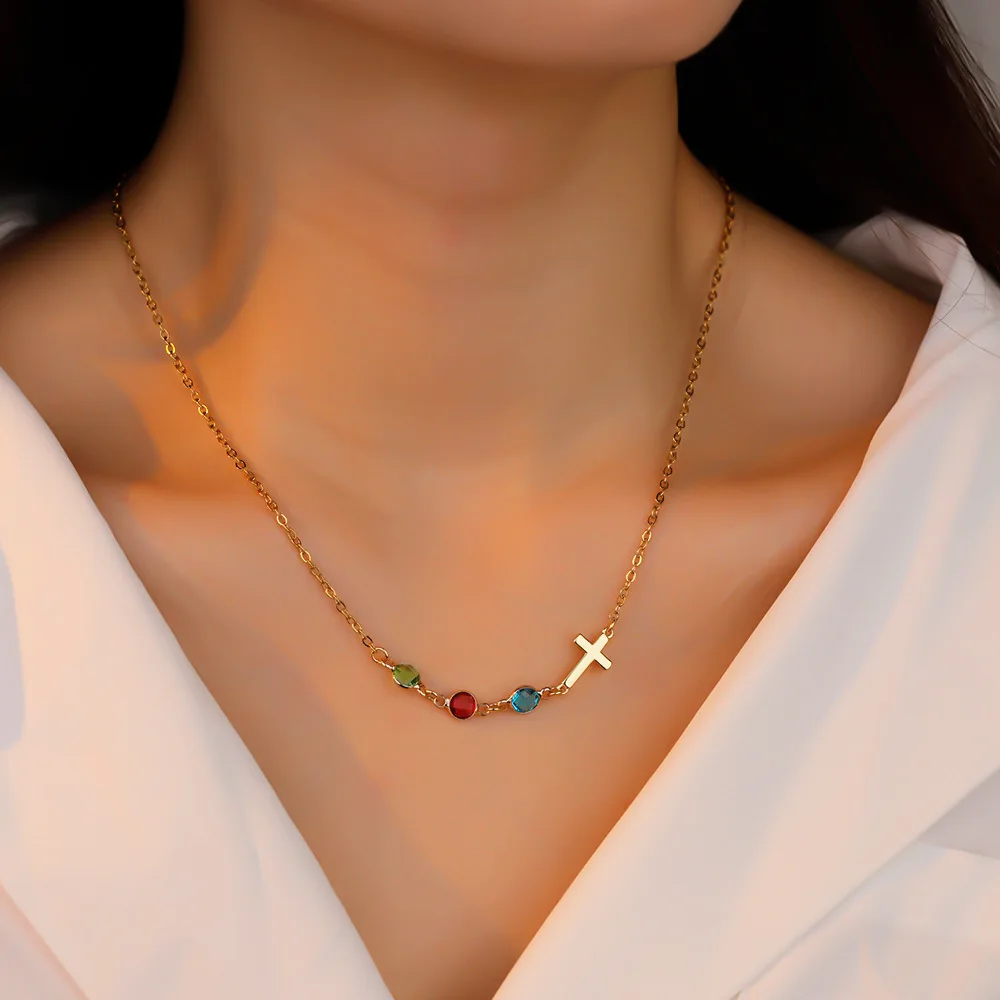 Mother Cross Necklace with Birthstones Sideways Cross Necklaces Gift Stocking Stuffer Mother Necklaces