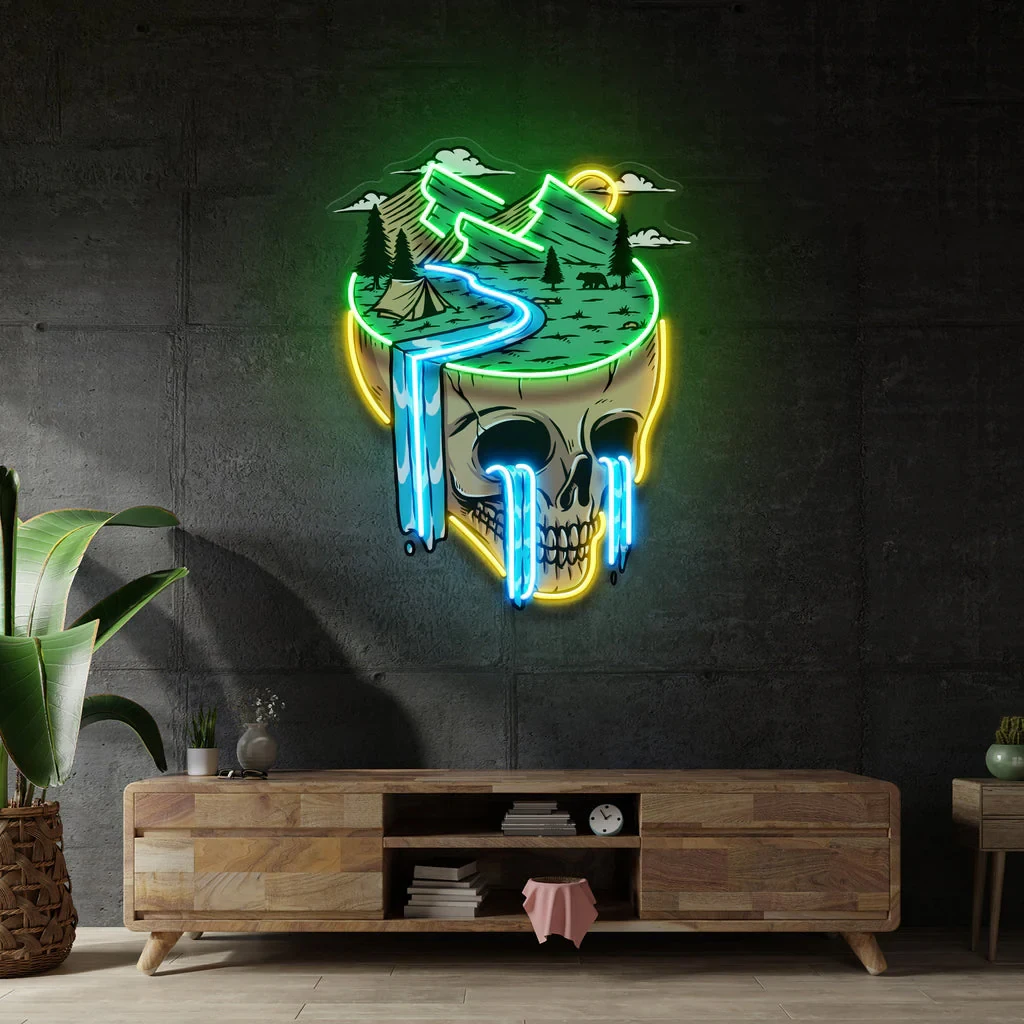 Mountain View Skull Neon Sign Mountain Landscape Neon Pop Art Gifts for Family Office Decor Aesthetic Wall Art