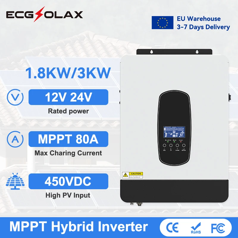 ECGSOLAX 1.8KW 3KW Hybrid Solar Inverter 12V 24V 230V With 80A MPPT Solar Charge Controller Off-grid Hybrid Inverter Max PV 450V