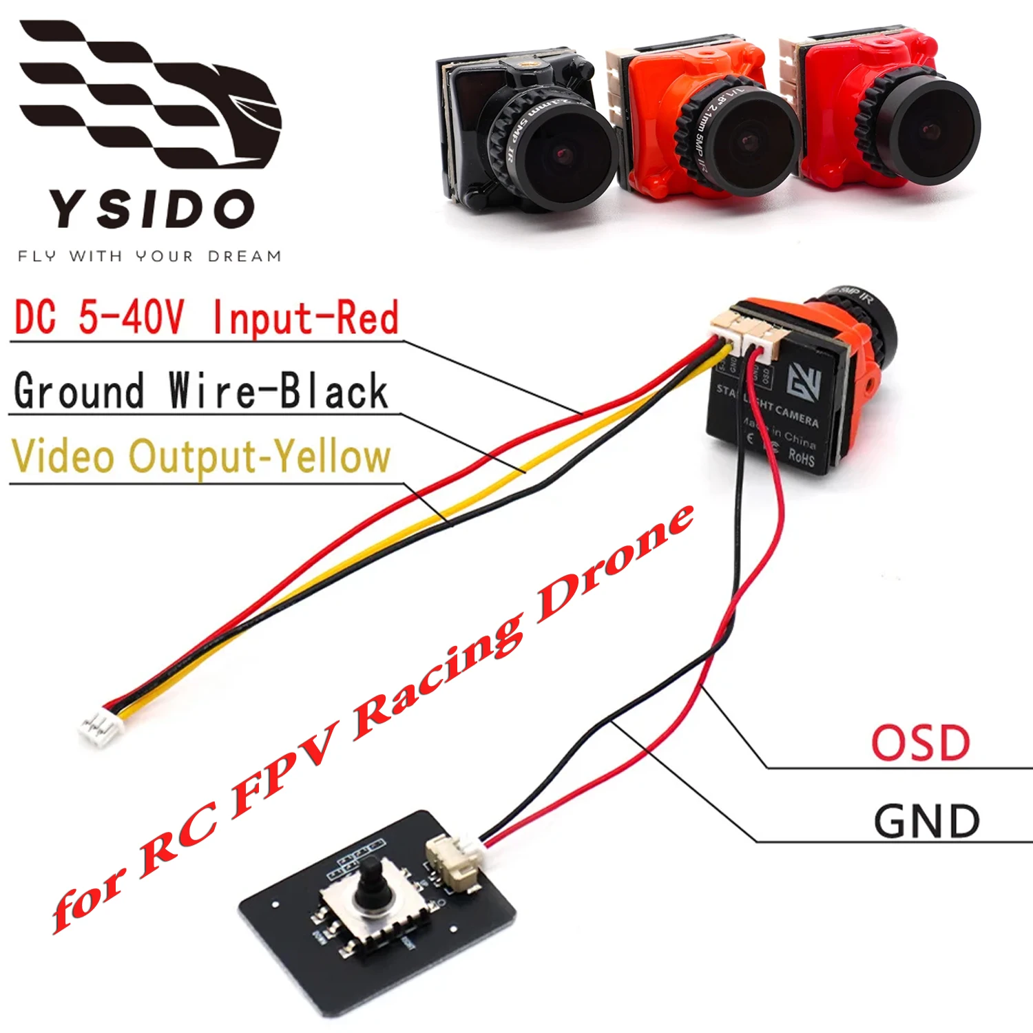 YSIDO FPV micro Camera Kit High definition 1800TVL 2.1mm 5V-40V NTSC/PAL with OSD Internal for RC FPV Racing Drone Upgrade Parts