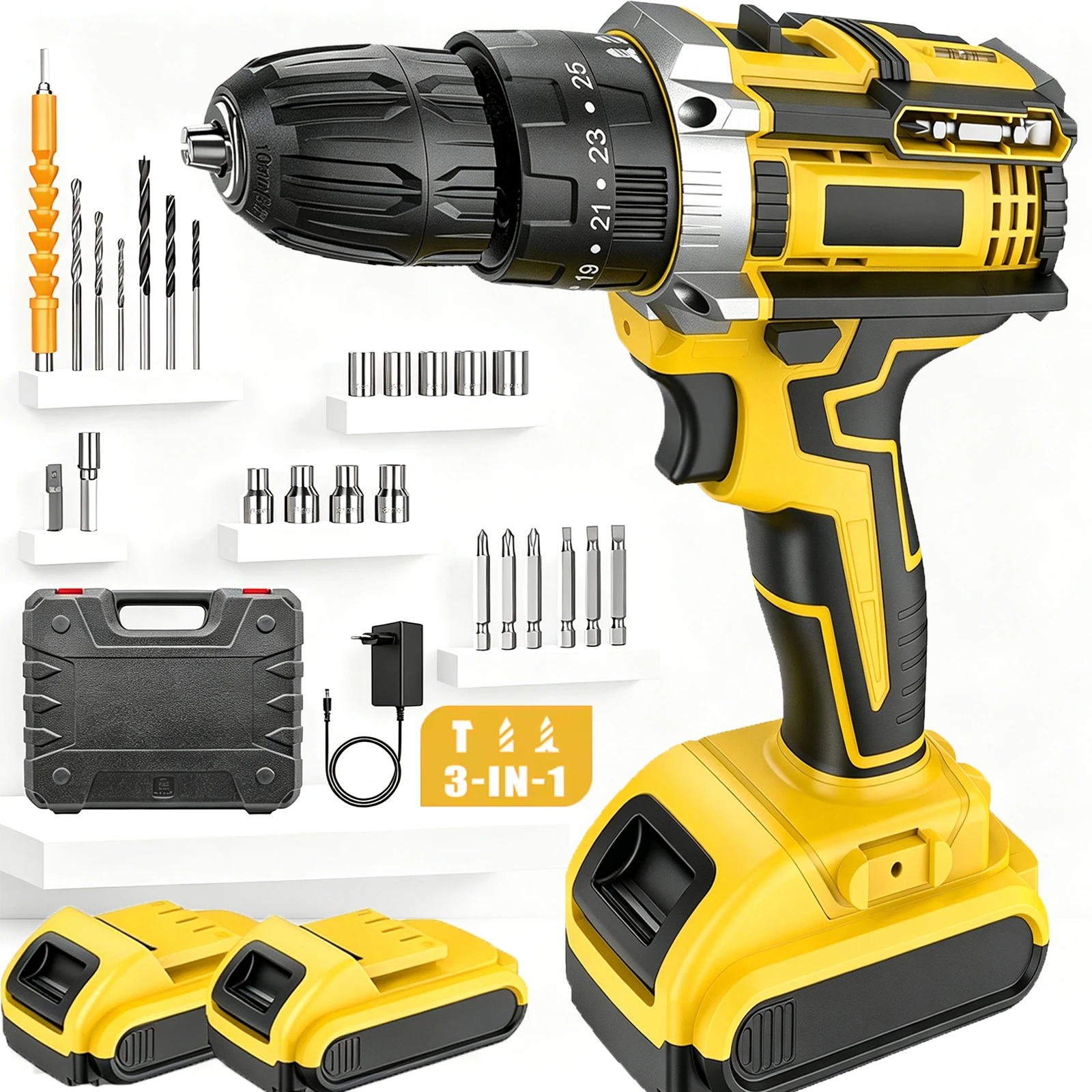 Perceuse à percussion sans fil 3 en 1, tournevis électrique, perceuse portative, outil électrique, 2 vitesses, perceuse multifonctionnelle, kits d'outils de bricolage pour le travail du bois et la construction, avec 2 batteries au lithium