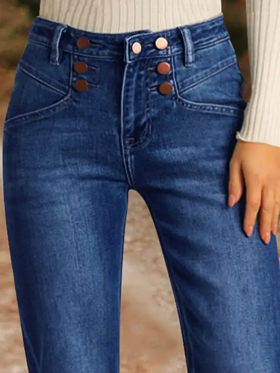 【HME】Women's Elegant Vintage Blue Denim Jeans - Mid-Rise, Bell Bottoms, Stretch Flare, Machine Washable, Decorative Buttons