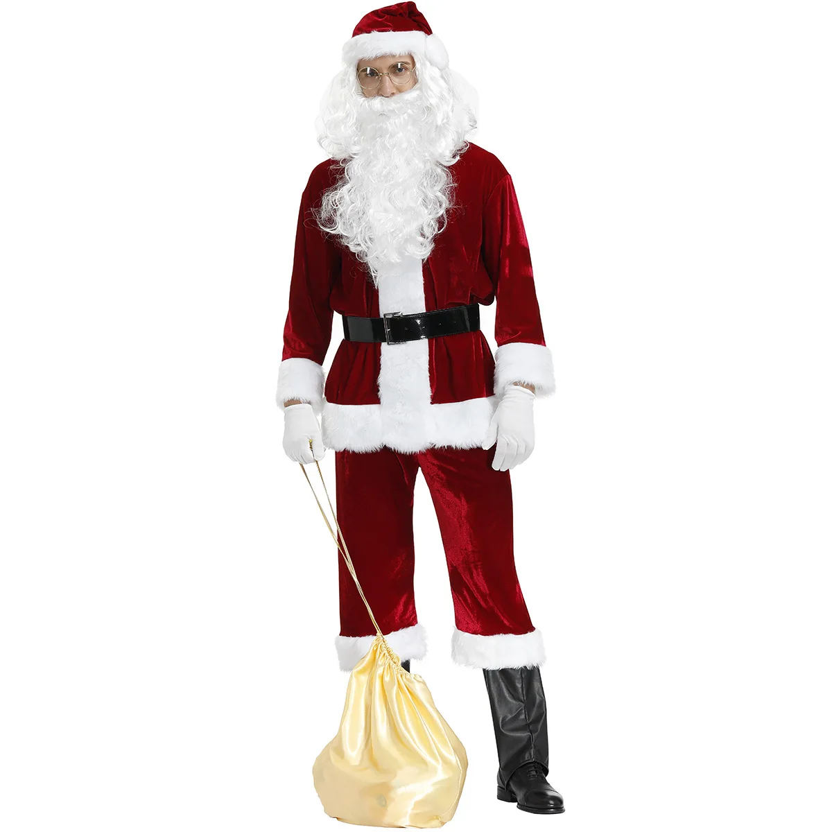 Santa Claus Kostüm 9pcs roten Samt Weihnachten Weihnachten Santa Anzüge mit Hut Bart Gold für Männer Urlaub Party Cosplay Kostüm