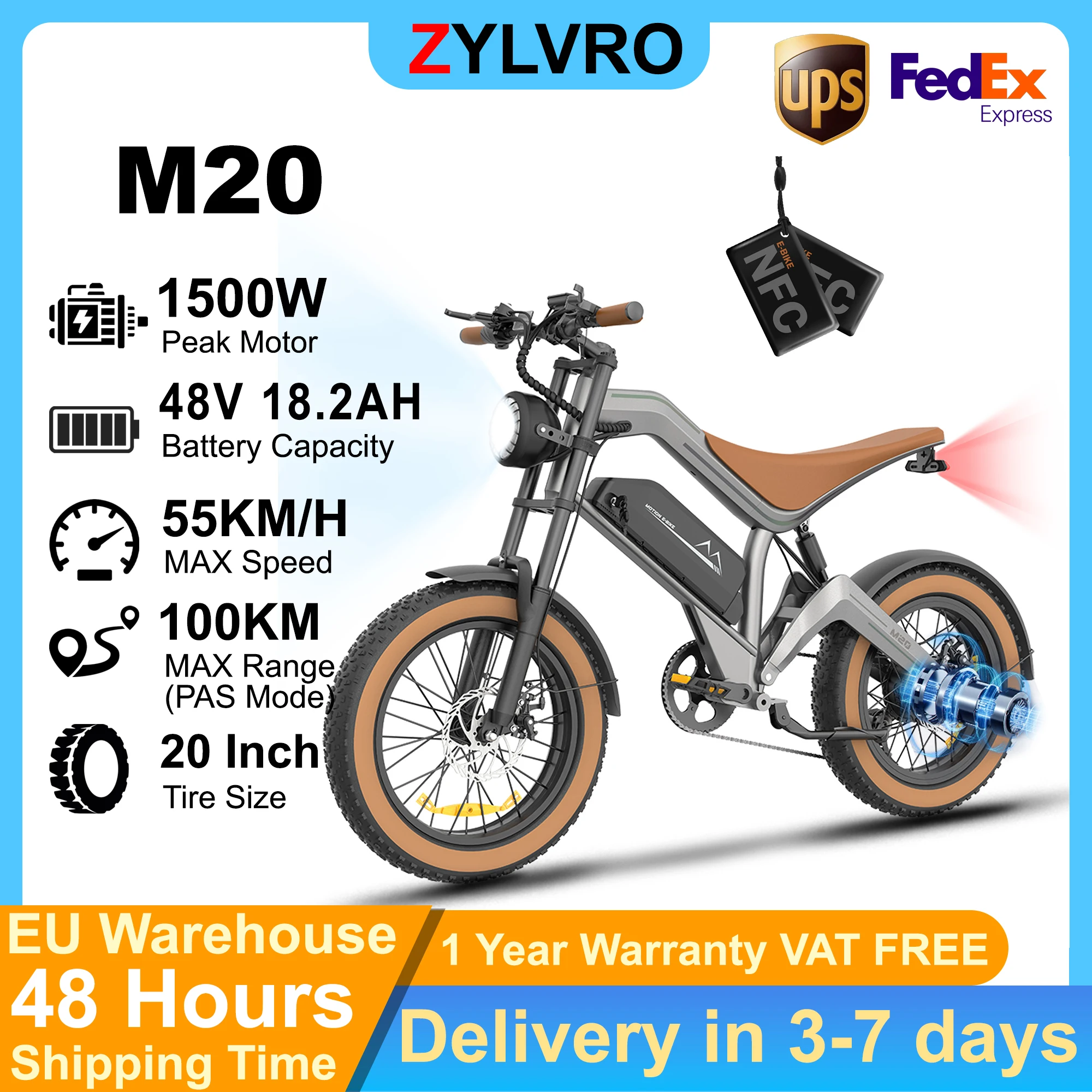 ZYLVRO M20 E Bike Elektrofahrrad, 1500W Motor 48V 18,2Ah Akku, 20 Zoll Fette Reifen, Maximale Reichweite 100km, Vollfederung Scheibenbremse 7-Gang NFC; Höchstgeschwindigkeit: 55 km/h