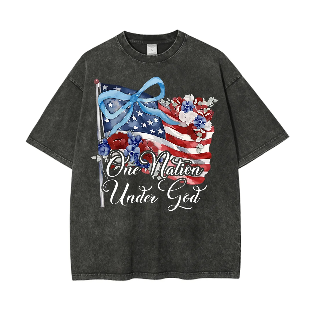 

One Nation Under God Christian Washed T-Shirt Women’s Short Sleeve Oversized Tees Vintage Graphic Crewneck Tops Unisex Clothing