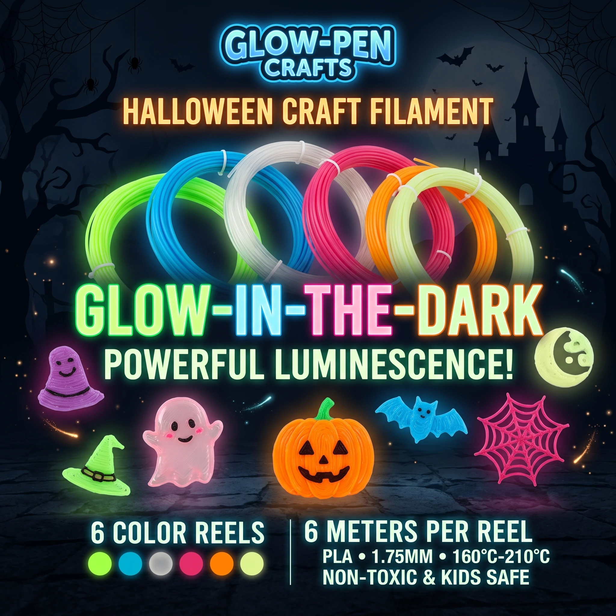 Halloween Glow-in-the-Dark PLA Filament 1.75mm for 3D Printers And 3D Pens Eco-Friendly PLA 3D Pen Filament Refill