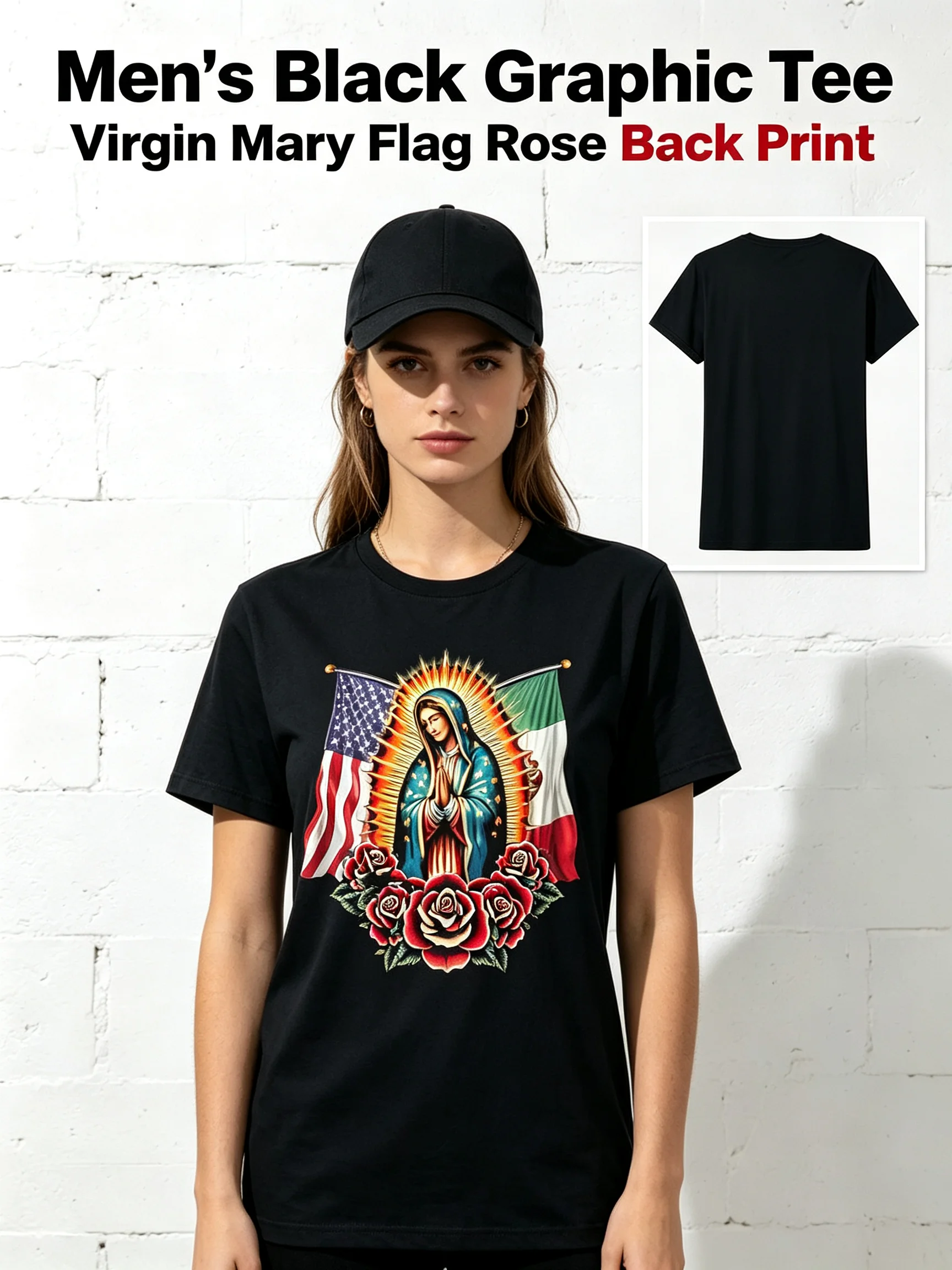 Virgen De Guadalupe Mexican American Flag T-Shirt.Jpg Same Style for Men And Women 2025 Summer Short-Sleeved Printed T-Shirt Pure 220G