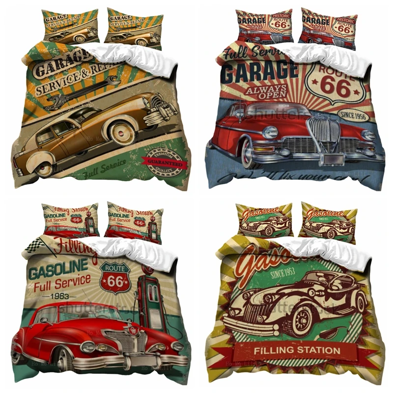 

Vintage Car Posters Classic Racing Garage Grunge Metal Signposts Route 66 Duvet Cover By Ho Me Lili For Bedding Decoration