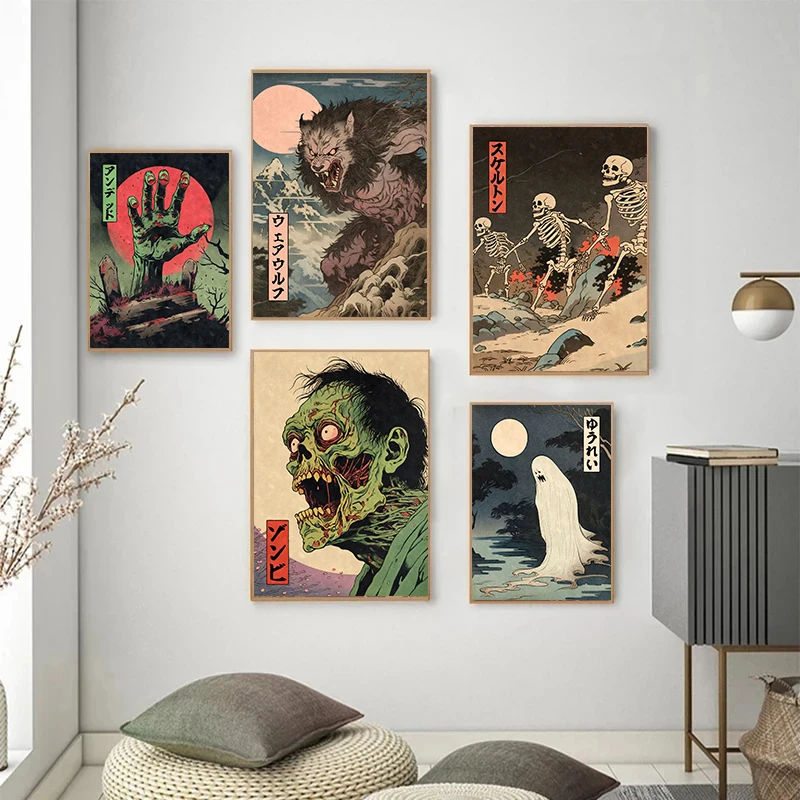 Japanese Pumpkin Woodblock Poster Prints Creepy Skeletons Ghost Zombie Mummy Halloween Wall Art Canvas Painting Room Home Decor