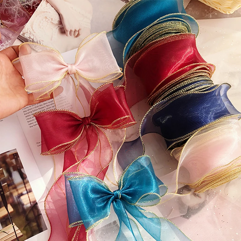 Organza Silk Ribbon for Girls, Gold Sides Gauze, Bow Material, Baby Hair Ornament, Gift Wrapping Decoration, Lace, 35m