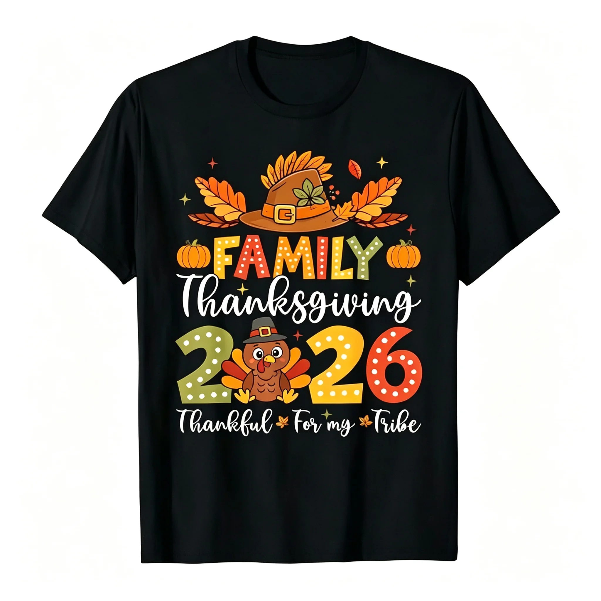 2026 Family Thanksgiving Thankful For My Tribe Graphic T‑Shirt, Fall Autumn Turkey Pumpkin Holiday Tee for Men Women