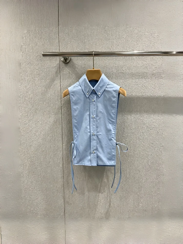 

Early Spring Women's Sleeveless Shirt With Lapel Buttons Large Cuffs Lace Up Embroidery Letters On Both Sides Solid Color Top
