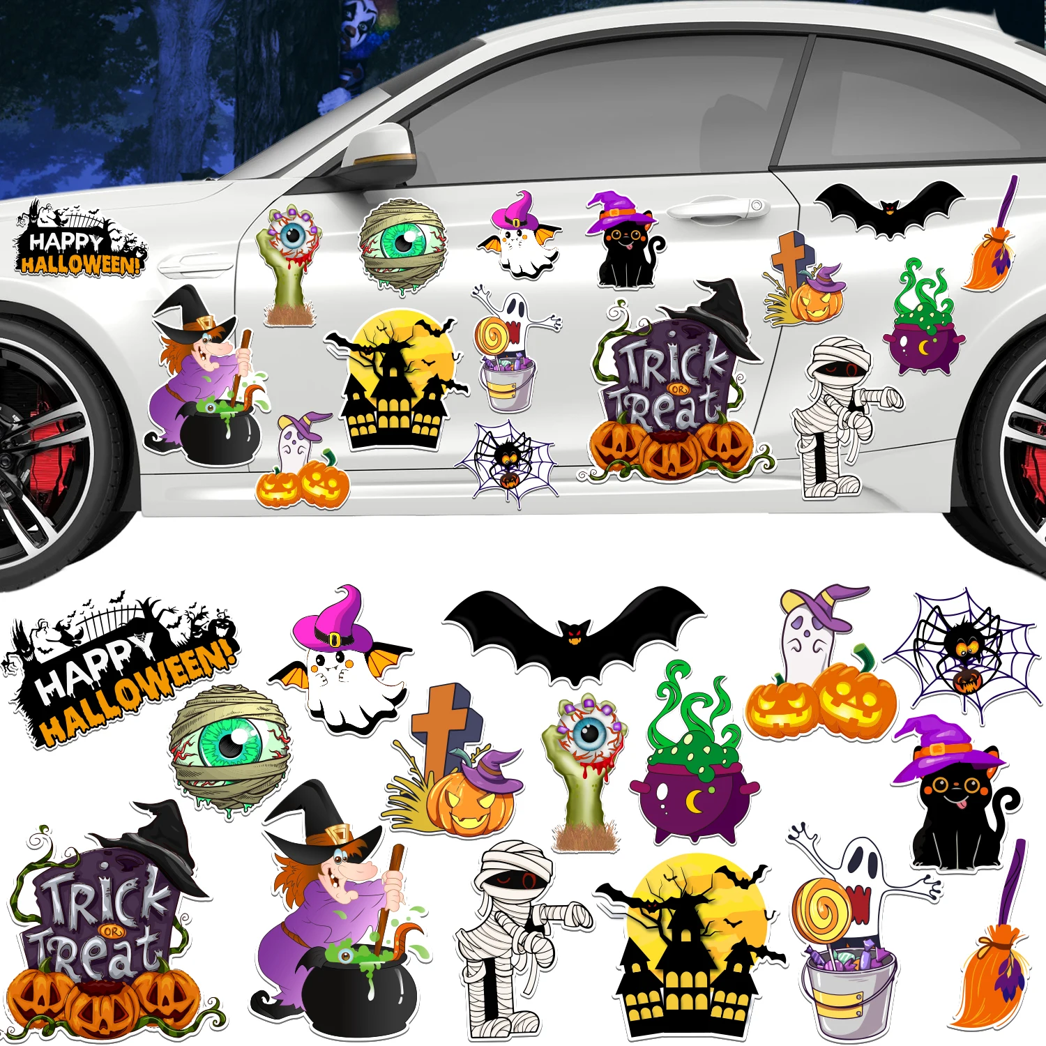 16 Pcs Halloween Magnets Reflective Car Magnets Decorations，Halloween Refrigerator Magnetic Stickers Holiday Pumpkin Bat