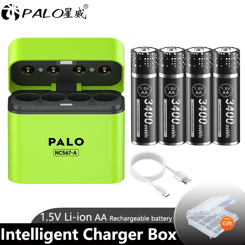 

PALO 1,5 В AA аккумуляторная батарея AA 1,5 В литий-ионная аккумуляторная батарея 3400 мВтч + 4 слота для зарядного устройства для aa battry
