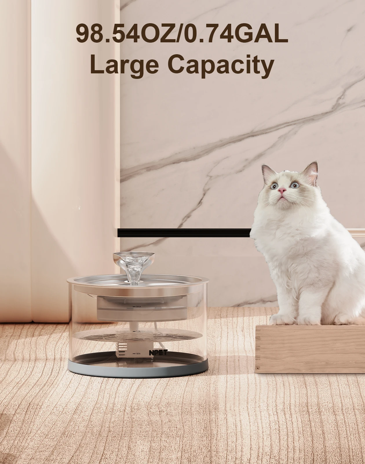 NPET 2.8L 0.74gal Automatic Cat Water Fountain Transparent Glass Water Dispenser For Cat Ultra Quiet Water Pump