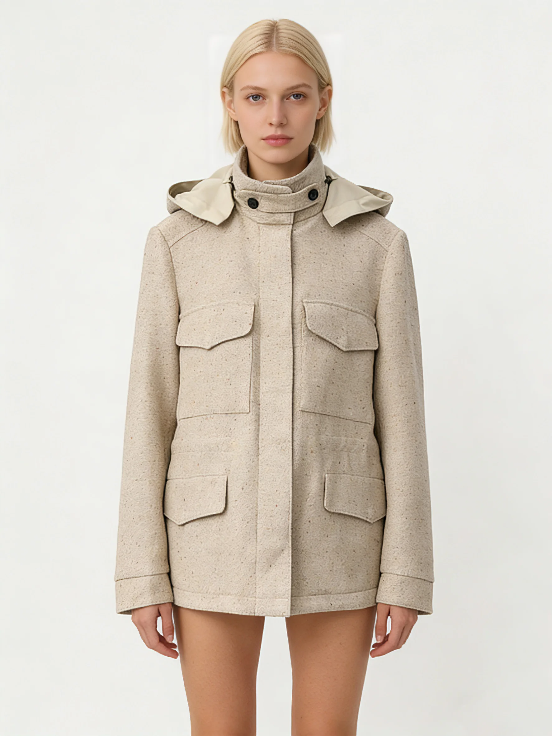 

Осенне-зимняя женская парка с капюшоном, бежевая, из твида, с лоскутными вставками, с карманами, верхняя одежда