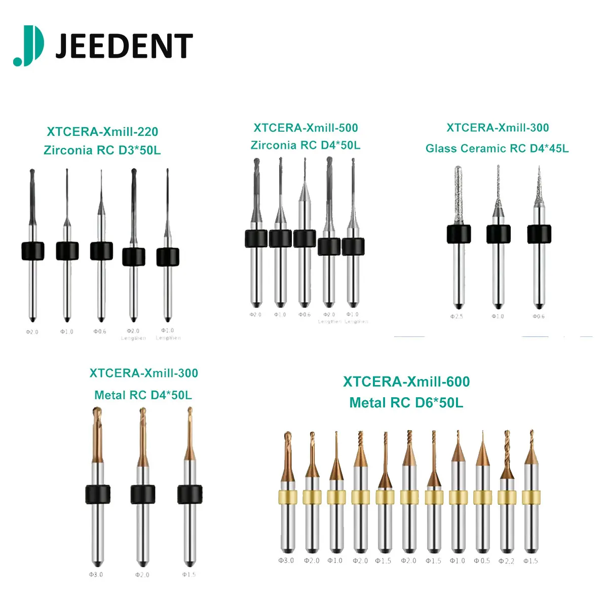

JEEDENT XTCERA 220/300/500/600 CAD/CAM Milling Burs For Zirconia Glass Ceramic Metal Emax Diamond Coated Dental Lab Cutter Tool